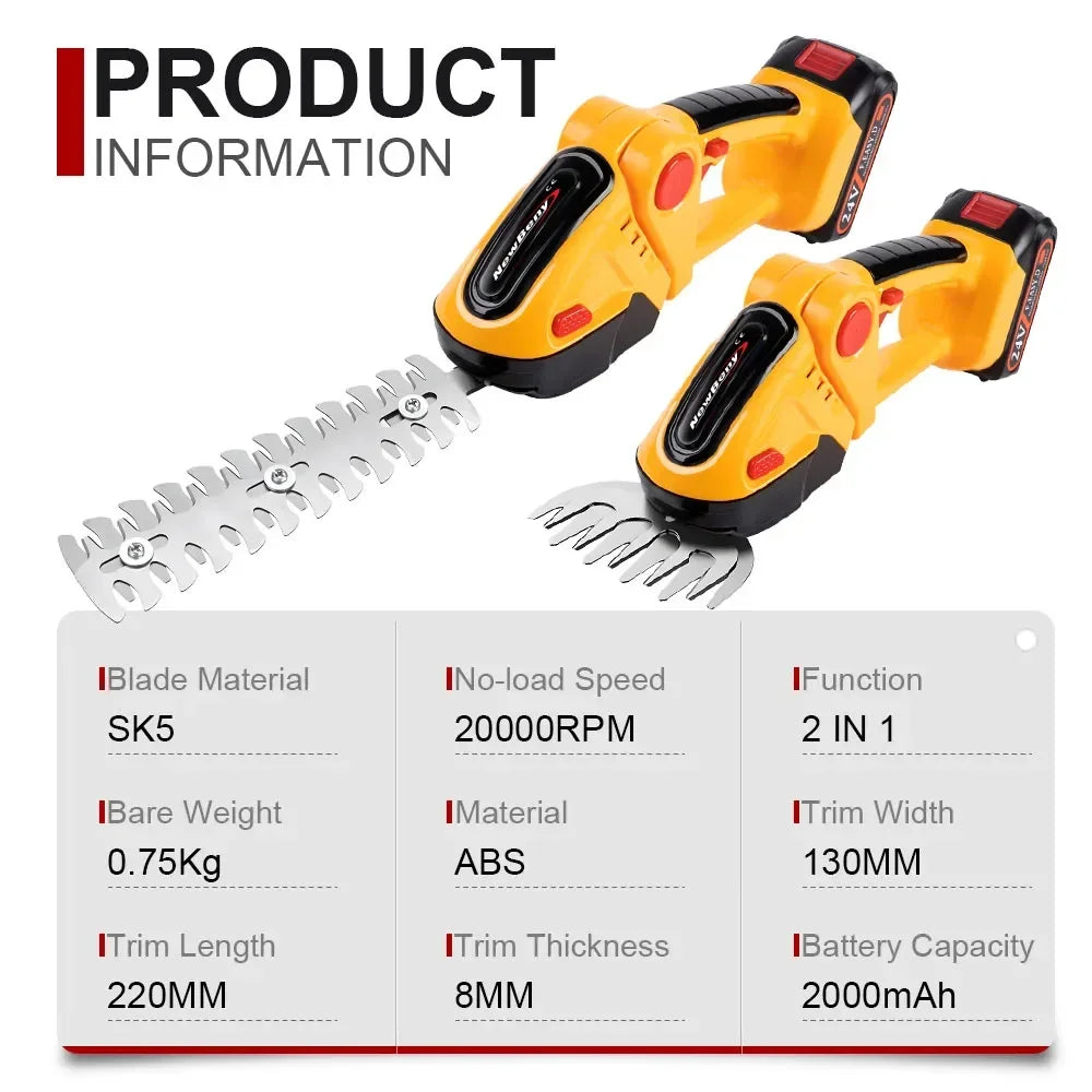 2 EM 1 Aparador de sebes elétrico sem fio 20000RPM Recarregável Arbusto doméstico capina Poda Cortador Ferramentas de jardim.