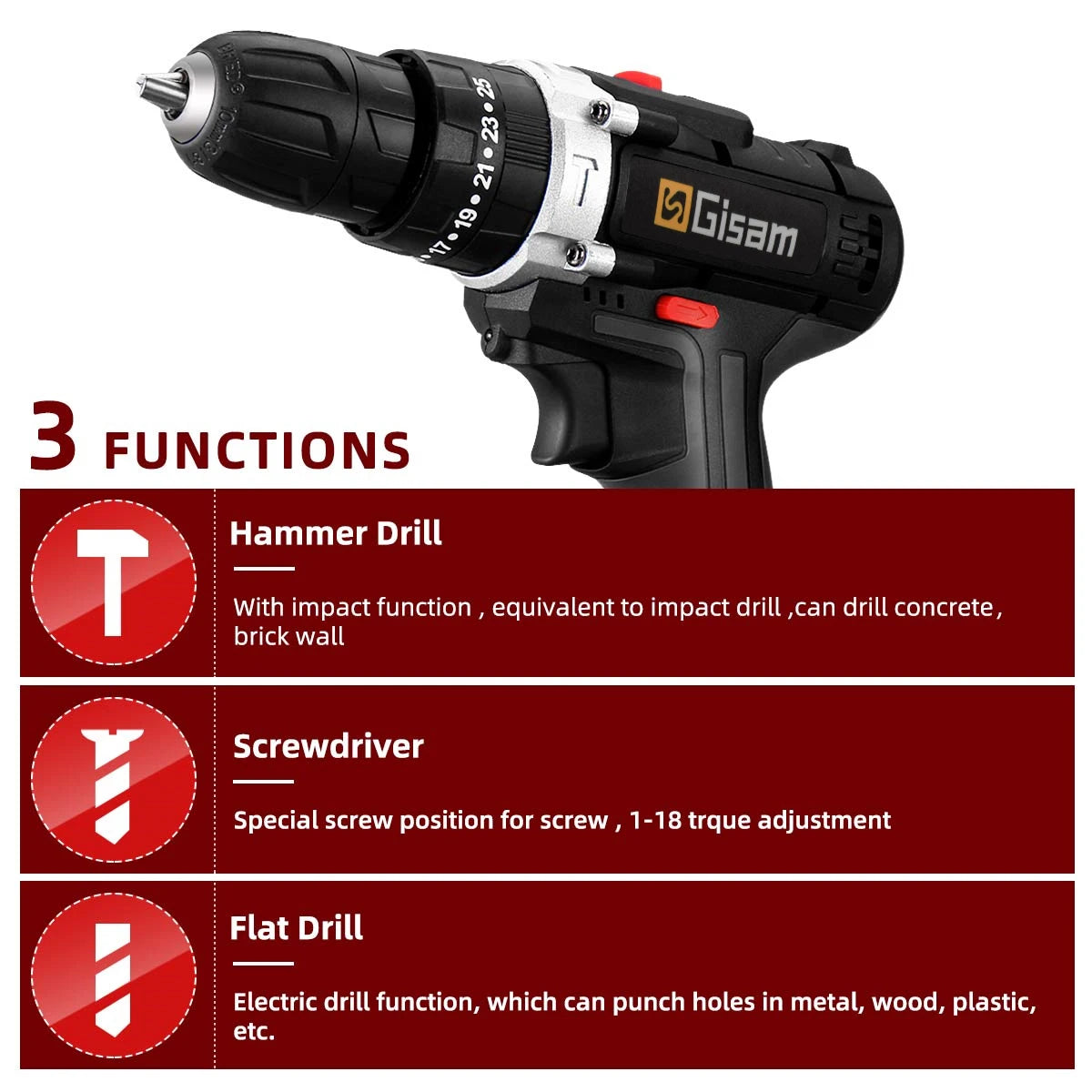 25 + 3 Torque Sem Fio Broca Chave de Fenda Elétrica Recarregável Broca Bateria de Íon de Lítio 2 Velocidades DIY Driver Ferramentas Elétricas.