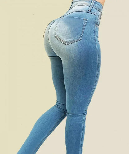 Jeans de cor pura da mulher jeans jeans de cintura alta jogo de rua cultivar a moralidade calças moldando figura com jeans de cintura alta.