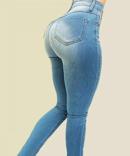 Jeans de cor pura da mulher jeans jeans de cintura alta jogo de rua cultivar a moralidade calças moldando figura com jeans de cintura alta.