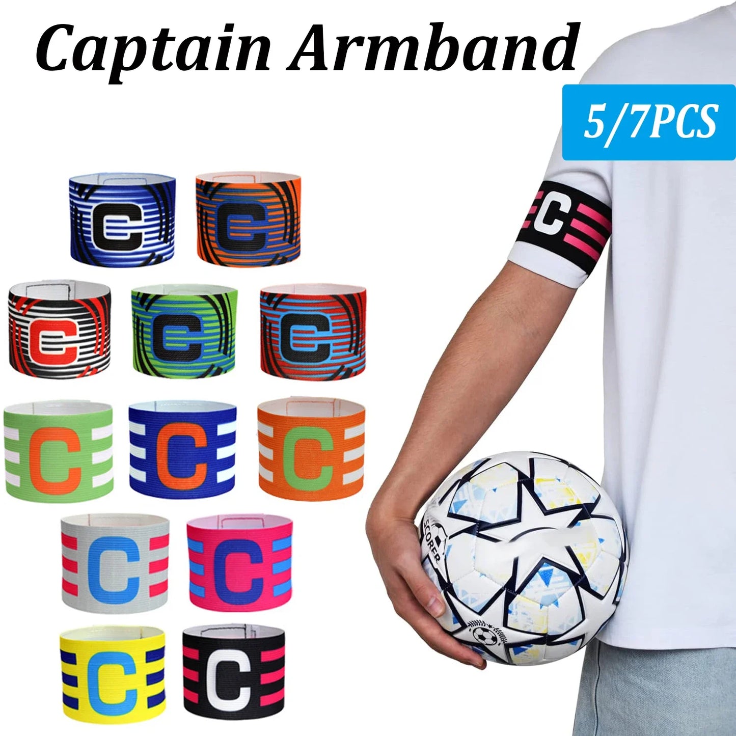 5/7PCS Braceletes de Capitão de Futebol Cor Brilhante Ajustável C Braço Banda Multicolorida Bandas de Futebol Manga para Jovens & Adultos.