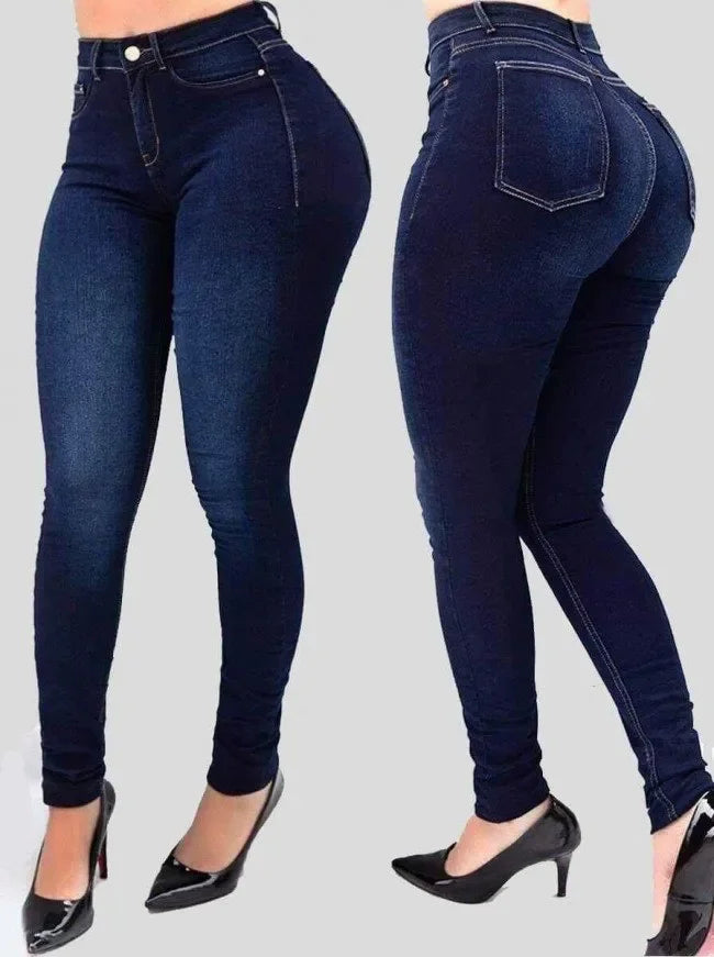 Jeans de cor pura da mulher jeans jeans de cintura alta jogo de rua cultivar a moralidade calças moldando figura com jeans de cintura alta.