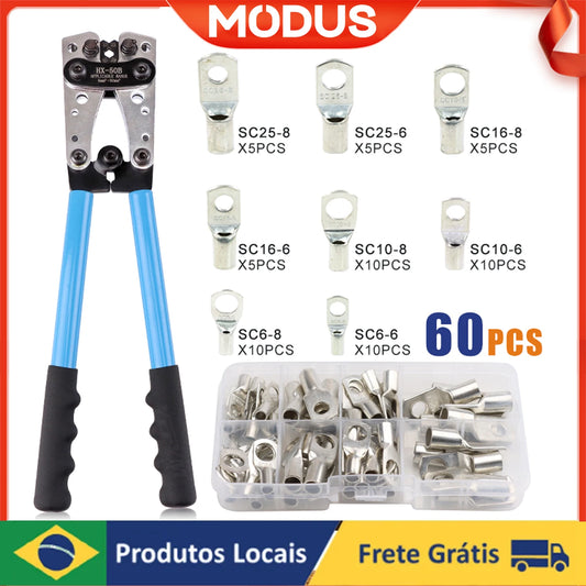 Alicate de crimpagem Bateria Cabo Lug Ferramenta de crimpagem HX-50B Fio Crimpador Catraca de mão para 6-50mm 0-10AWG com terminais de 60 unidades.