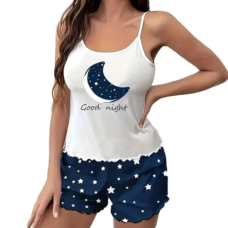 2 PCS Mulheres Pijama Pijamas Conjunto de Pijama Shorts de Manga Curta Terno S M L Blue Moon Star Print Ventilar Macio Conforto Casa Lazer.