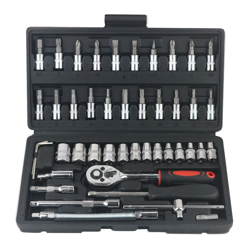 46 pcs Kit de ferramentas de reparo de carro 1/4 de polegada Tomada Conjunto de ferramentas de reparo de carro Catraca Torquímetro Combo Auto Repairing Set Ferramenta mecânica.