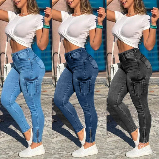 Mulheres Jeans Bainha Lápis Calças Bolsos Cargo Denim Desgastado Cintura Alta Lavagem Slim Fit Zíper Voar Comprimento do Tornozelo Sólido.