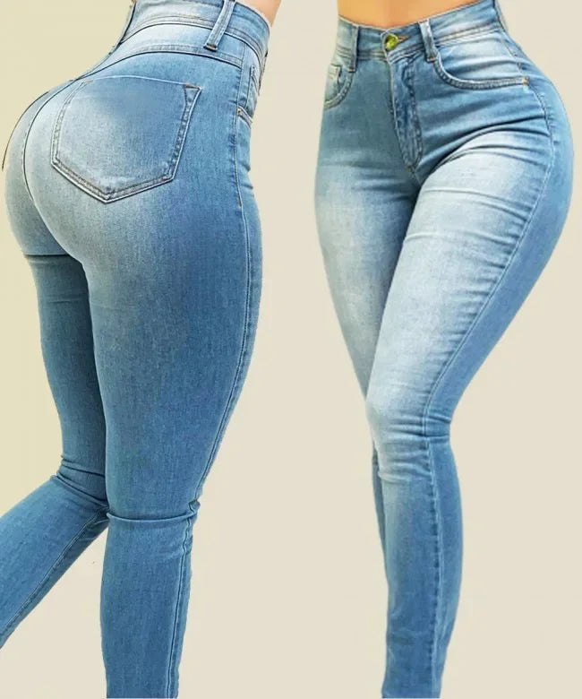 Jeans de cor pura da mulher jeans jeans de cintura alta jogo de rua cultivar a moralidade calças moldando figura com jeans de cintura alta.