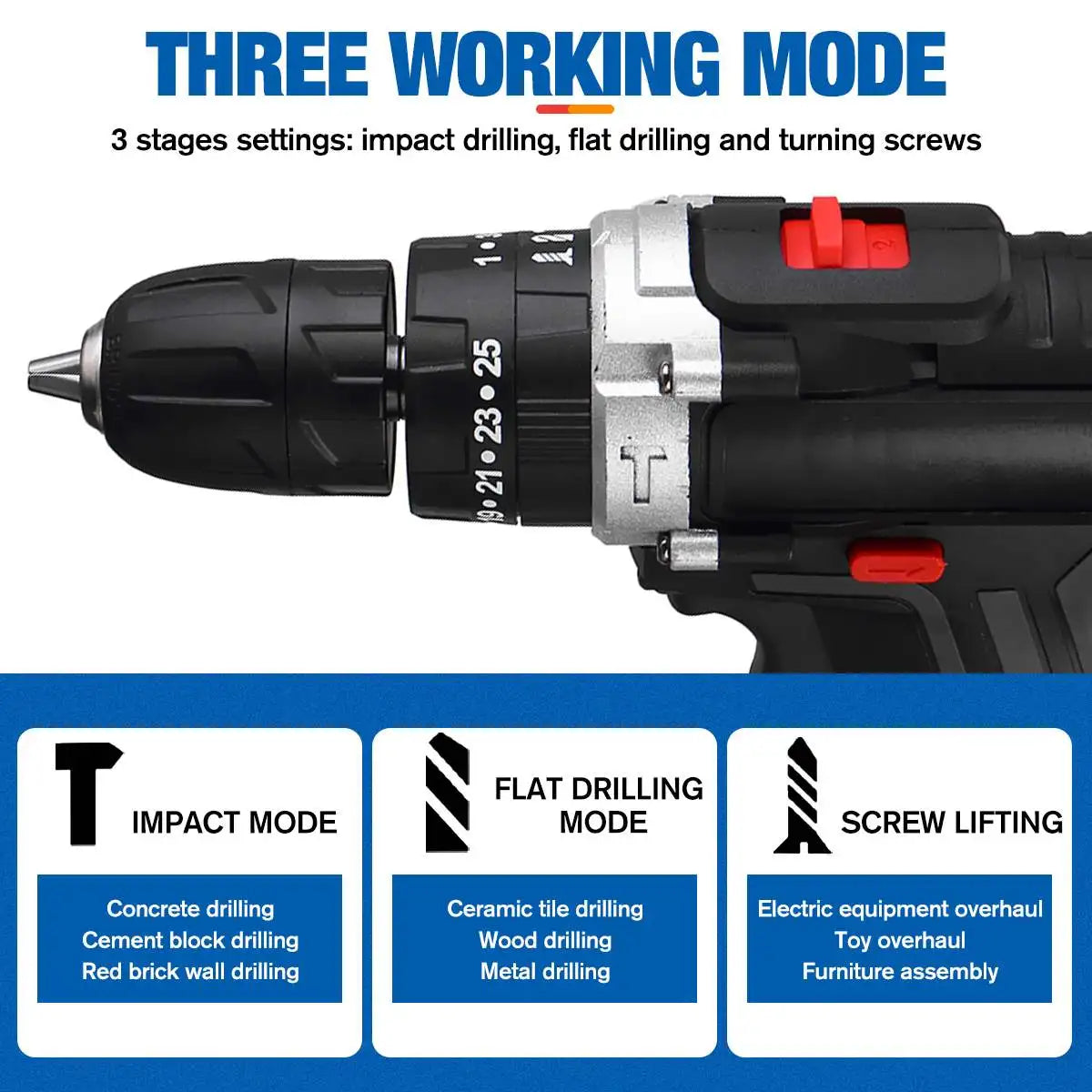 25 + 3 Torque Sem Fio Broca Chave de Fenda Elétrica Recarregável Broca Bateria de Íon de Lítio 2 Velocidades DIY Driver Ferramentas Elétricas.