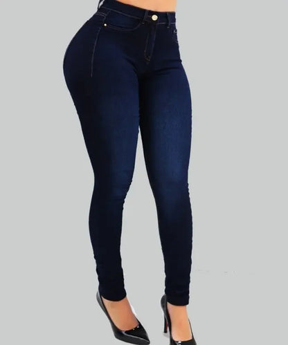 Jeans de cor pura da mulher jeans jeans de cintura alta jogo de rua cultivar a moralidade calças moldando figura com jeans de cintura alta.