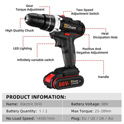 25 + 3 Torque Sem Fio Broca Chave de Fenda Elétrica Recarregável Broca Bateria de Íon de Lítio 2 Velocidades DIY Driver Ferramentas Elétricas.