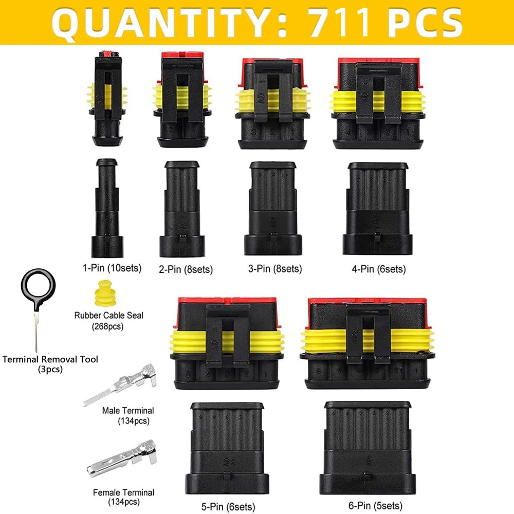 711 Pcs 43 kit à prova d'água automóvel conector elétrico terminal 1/2/3/4/5/6 macho e fêmea pino automóvel fio conector kit.