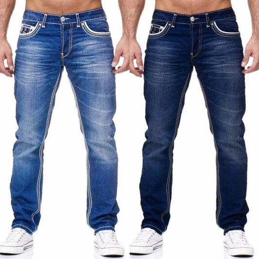 Homens Jeans Sólidos Bolsos Stretch Denim Calças Retas Primavera Verão Negócios Calças Casuais Diário Streetwear Roupas Masculinas.