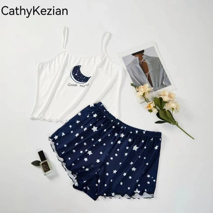 2 PCS Mulheres Pijama Pijamas Conjunto de Pijama Shorts de Manga Curta Terno S M L Blue Moon Star Print Ventilar Macio Conforto Casa Lazer.