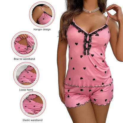 Sexy Summer Two Pieces Women Pajamas Set Deep V-Neck Tops And Shorts Pajama Suit Ladies Sleeveless Nightwear For Female