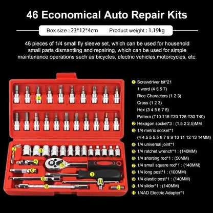 46 pcs Kit de ferramentas de reparo de carro 1/4 de polegada Tomada Conjunto de ferramentas de reparo de carro Catraca Torquímetro Combo Auto Repairing Set Ferramenta mecânica.