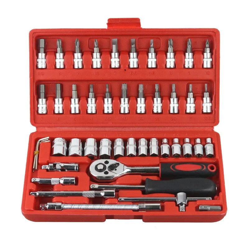 46 pcs Kit de ferramentas de reparo de carro 1/4 de polegada Tomada Conjunto de ferramentas de reparo de carro Catraca Torquímetro Combo Auto Repairing Set Ferramenta mecânica.