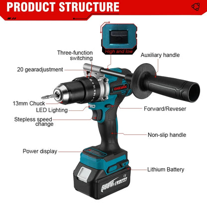 1500 W Brushless Impacto Elétrico Broca 20 + 3 Torque 3 Em 1 Chave de fenda elétrica Martelo Broca Ferramentas elétricas para Makita 18V Bateria.